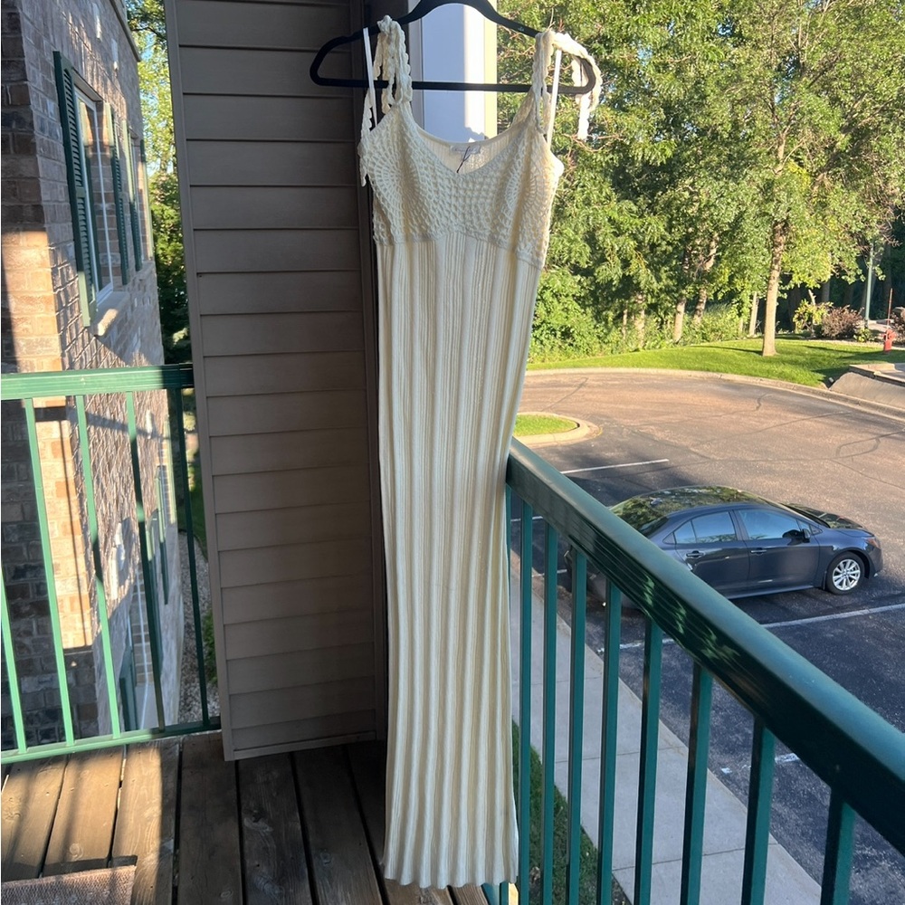 🆕 Line & Dot Cream Crochet Knit Maxi Dress Small Boho Beach Resort Cover Up - Picture 4 of 16